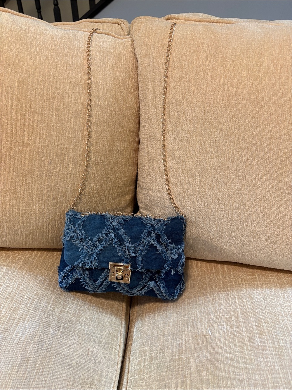 Source Unknown Navy Frayed Denim Chain Crossbody Bag